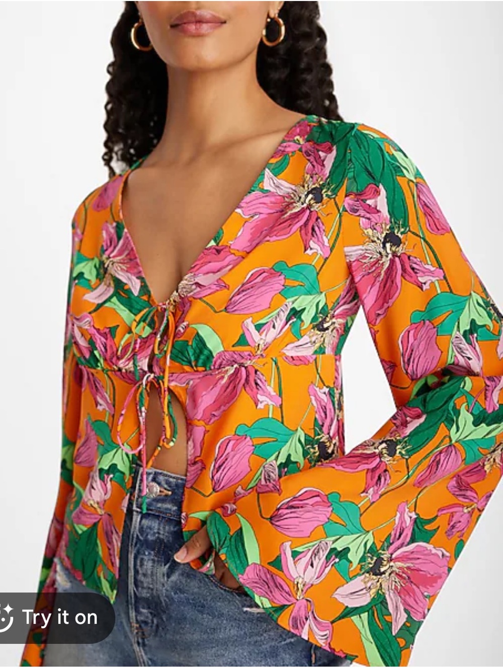 NWT Express Floral V-Neck Kimono Sleeve Double Tie Front Top Size L